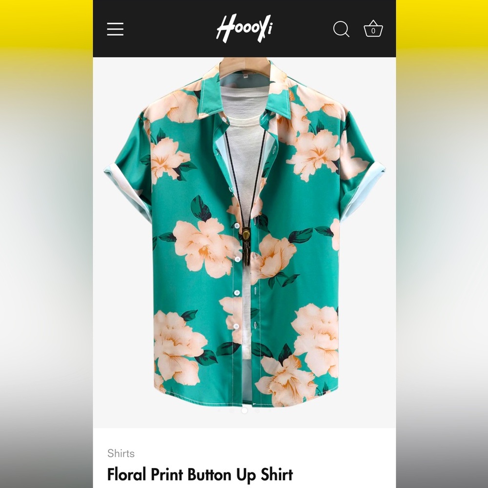 Hoooyi Men’s Button Up Shirt Small Green w/Cream Hawaiian -Light And Comfy - NWT